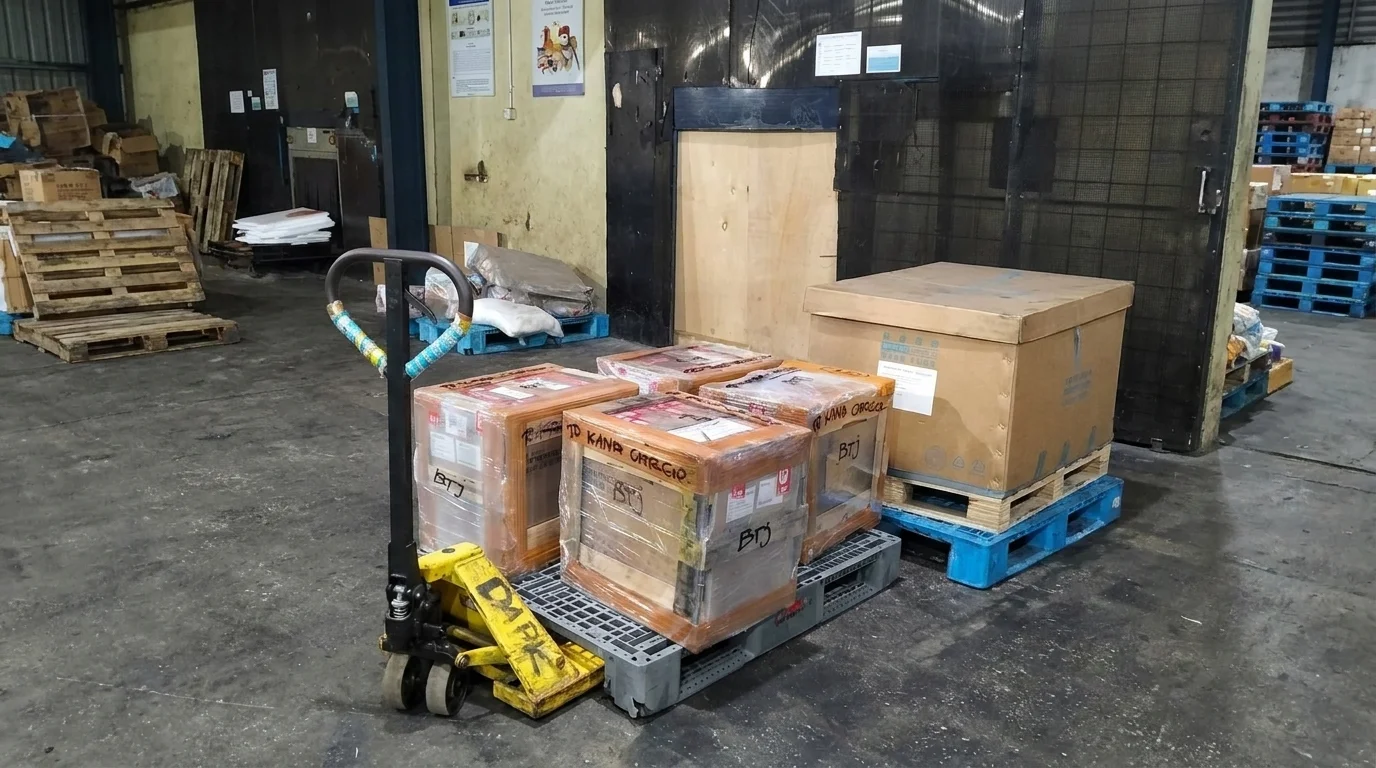 Penanganan kargo di gudang menggunakan palet dan hand pallet.