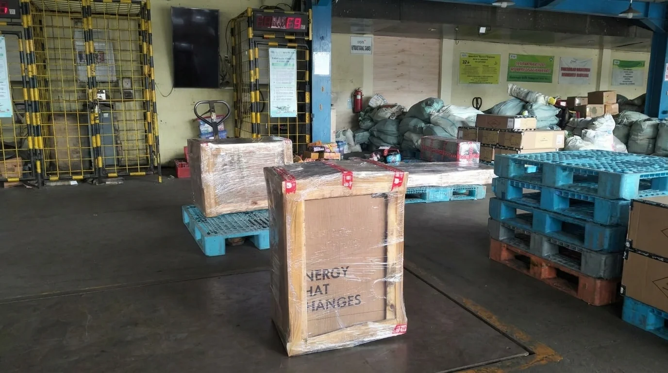 Kargo terbungkus rapi di atas palet di dalam gudang, siap untuk proses distribusi.