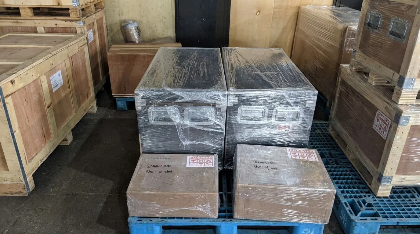 Beberapa kotak kargo terbungkus plastik dan disusun di atas palet di dalam gudang.