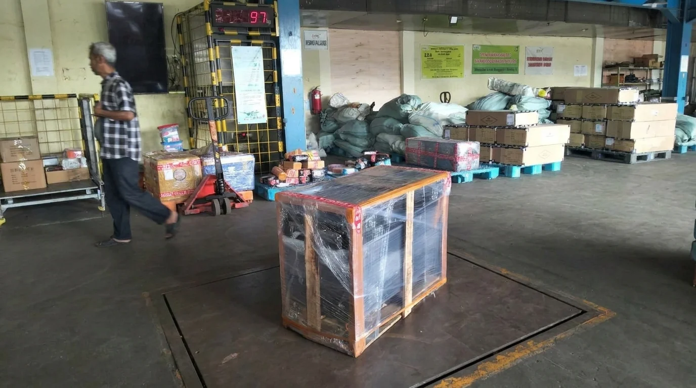 Proses penimbangan dan sortir kargo di gudang dengan tim operasional dan palet.